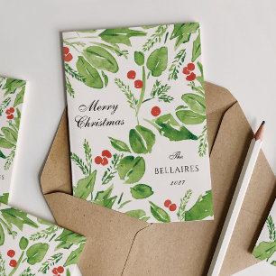Wispy Holly Green en Rode Waterverf Kerst Feestdagen Kaart