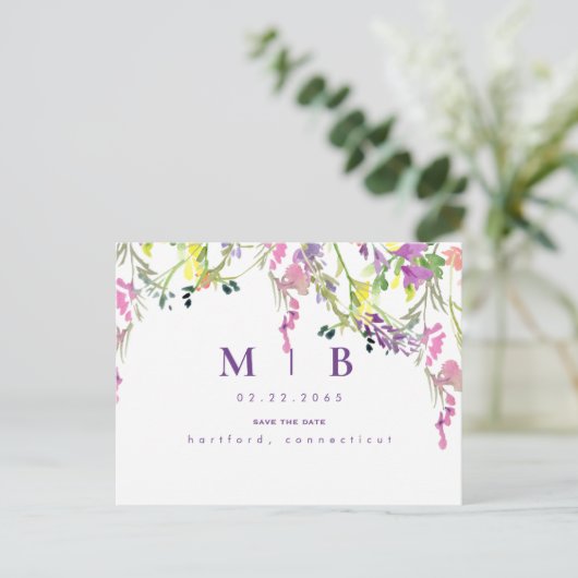 Wispy Wildflowers Monogram Save the Date Briefkaart (Staand voorkant)