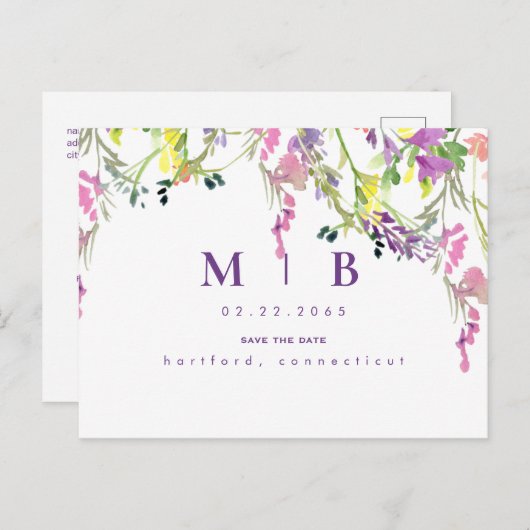 Wispy Wildflowers Monogram Save the Date Briefkaart (Voorkant / Achterkant)