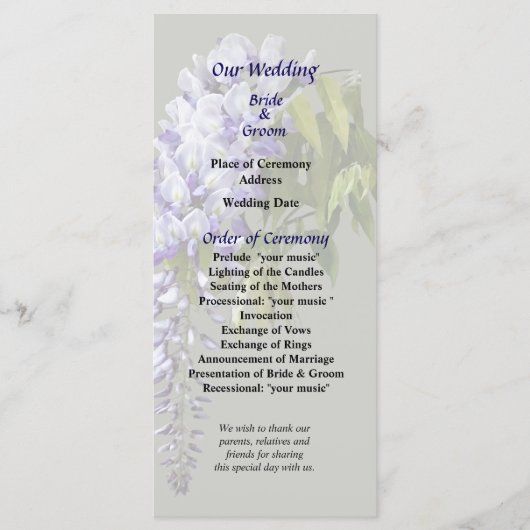 Wisteria et programme de mariage Feuille (Devant)