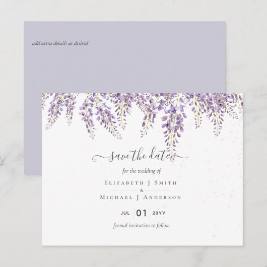Wisteria Paars Wedding Save Dates Briefkaart (Voorkant / Achterkant)