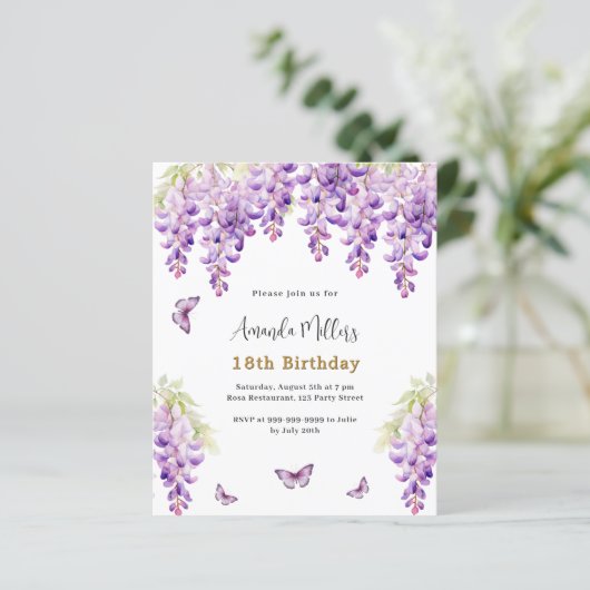 Wisteria paarse vlinder verjaardagsuitnodiging (Staand voorkant)