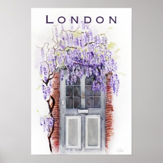 Wisteria season in London grey door watercolour  Poster