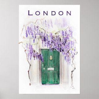 Wisteria-seizoen in Londen groene deur aquarel Poster