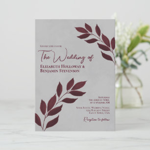 Wistful Leaves Elegant Burgundy & Gray Wedding Kaart
