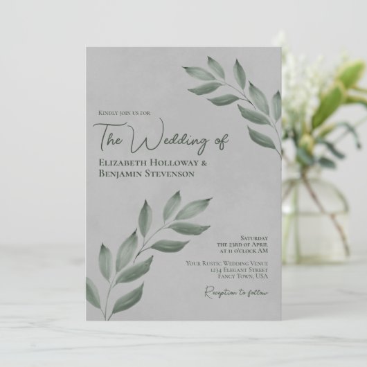 Wistful Leaves Elegant Forest Green & Gray Wedding Kaart (Staand voorkant)