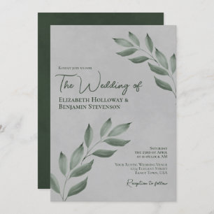 Wistful Leaves Elegant Forest Green & Gray Wedding Kaart
