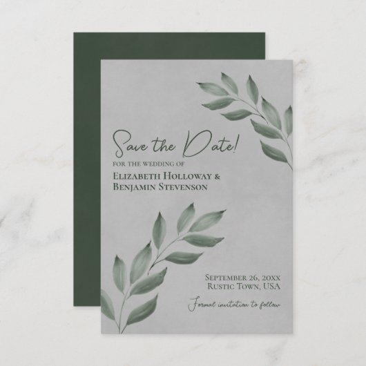 Wistful Leaves Elegant Forest Green & Gray Wedding Save The Date (Voorkant / Achterkant)