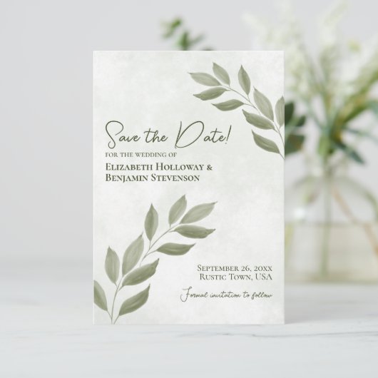 Wistful Leaves Modern Minimal Sage Green Wedding Save The Date (Staand voorkant)