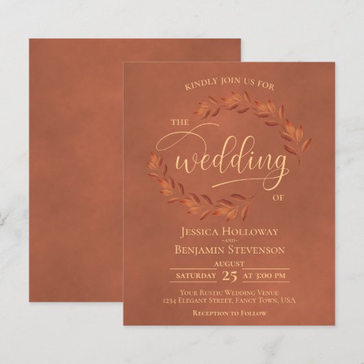Wistful Leaves Terracotta BUDGET Wedding Invite (Voorkant / Achterkant)
