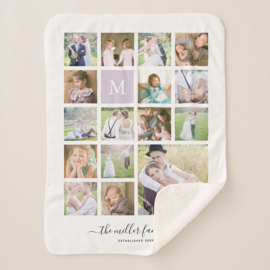 Wit 16 Photo Collage Monogram Naam Kalligrafie Sherpa Deken (Voorkant)