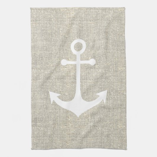 Wit anker op rustieke faux grijze jute textuur theedoek (Verticaal)