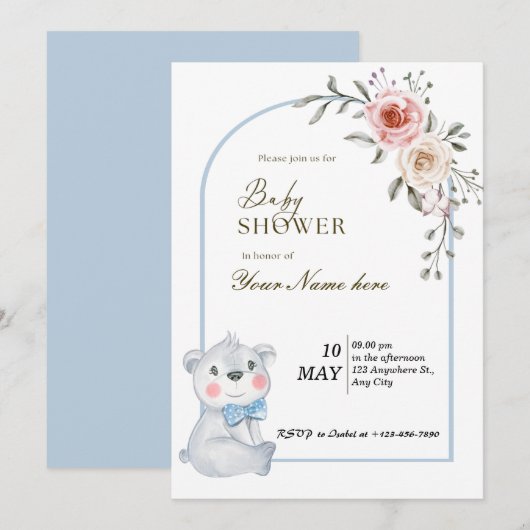 Wit Blauw Beer Baby Douche Uitnodigingen Jongen (Voorkant / Achterkant)