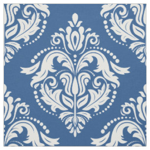 Wit & Blauw Bloemen Damast Geometrisch Patroon Stof