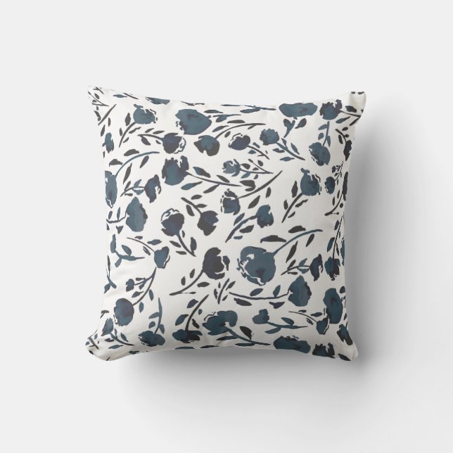 Wit & Blauw Bloemen Facultatief Monogram Kussen (Voorkant)