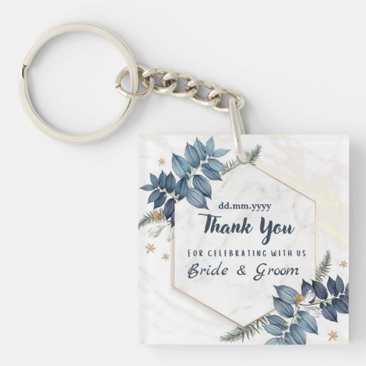 Wit Blauw Bloemen Lijst Dank u bruiloft gunsten Sleutelhanger (Voorkant)