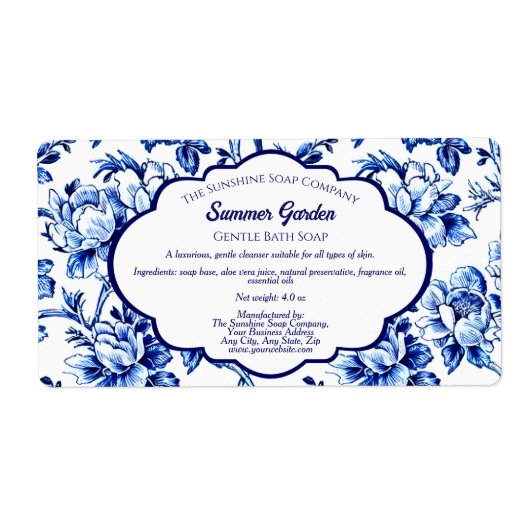 Wit Blauw Bloemen Zeep Verpakking Label (Voorkant)