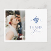 Wit | Blauw Bloemmonogram Dank u Briefkaart (Voorkant)