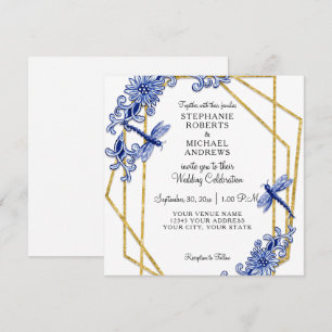 Wit Blauw Chinoiserie Dragonfly Bloemen Waterverf Kaart