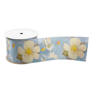 Wit & Blauw Daisies Bloemen Patroon Satijnen Lint