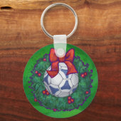 Wit, blauw feestelijk Voetbal op groen Sleutelhanger (Voorkant)