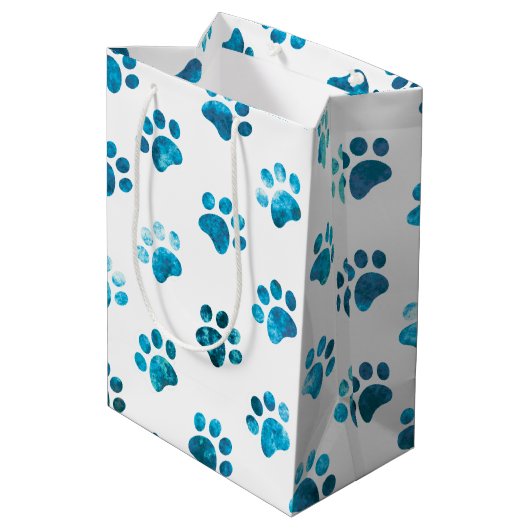 Wit Blauw Gestructureerd Paw Print Patroon Medium Cadeauzakje (Achterkant Gekanteld)