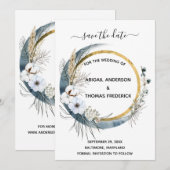Wit Blauw Goud Bloemschildering Waterverf Boho Bru Save The Date (Voorkant / Achterkant)