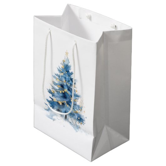 Wit Blauw Goud Kerstbomen Medium Cadeauzakje (Voorkant Gekanteld)