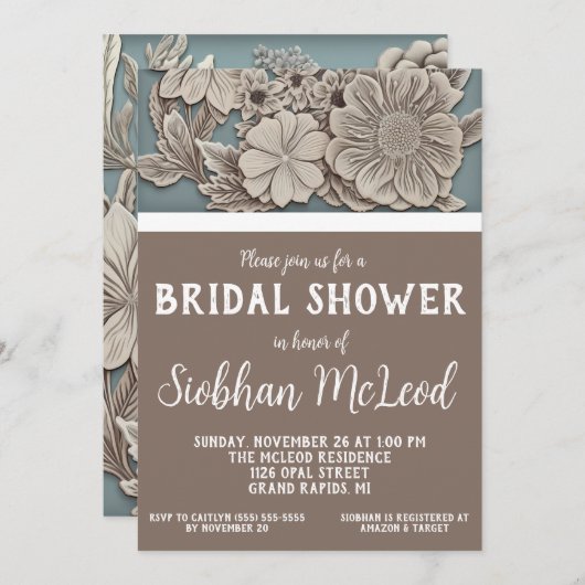 Wit, Blauw, Grijs 3D Bloemen Vrijgezellenfeest Kaart (Voorkant / Achterkant)