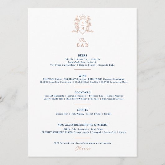 Wit blauw kroon crest monogram bruiloft bar menu (Voorkant)