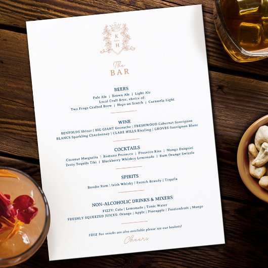 Wit blauw kroon crest monogram bruiloft bar menu