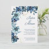 Wit & blauw minimalistische bloem bruiloft uitnodi kaart (Staand voorkant)