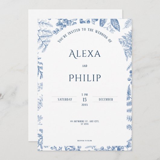 Wit Blauw Modern Klassiek Bloemen Bruiloft Kaart (Voorkant / Achterkant)
