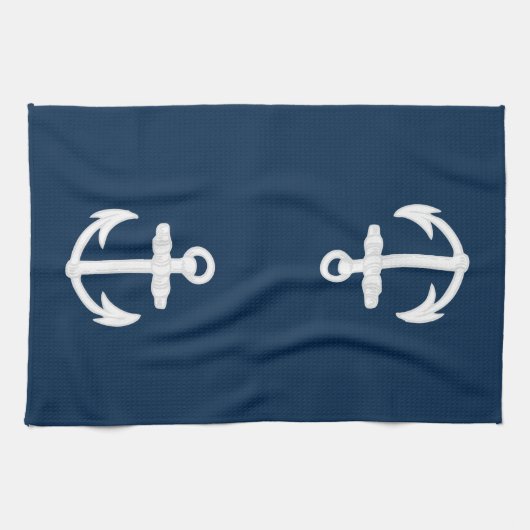 Wit/blauw Nautisch ankersymbool Theedoek (Horizontaal)