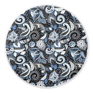 Wit & Blauw Paisley Boho Print Patroon Keramische Knop