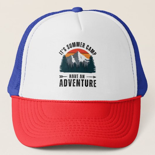 Wit Blauw Rood Mountain Camping Adventure Trucker Pet (Voorkant)