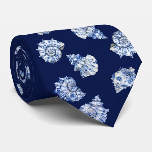 wit blauw zeeschelpen patroon stropdas (Opgerold)