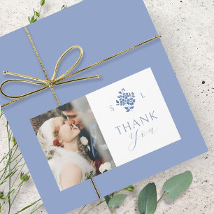 Wit Blauwe Bloemen Huwelijk Monogram Dank u Rechthoekige Sticker