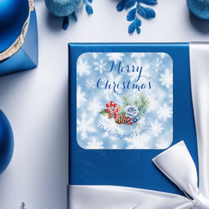 Wit & Blauwe Sneeuwvlokken Kerst Decoratie Vierkante Sticker