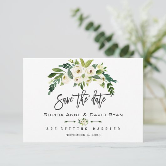 Wit Bloeiende Bloemen Handschrift Save the Date (Staand voorkant)
