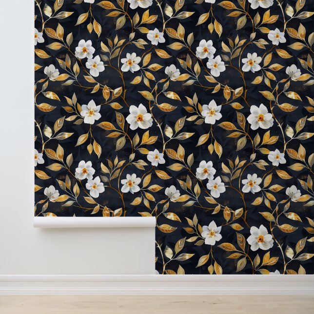 Wit bloem Goud Blad op Zwart Behang (Applicatie)