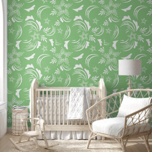 Wit Bloemen behang met Sage achtergrond