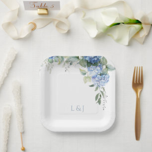 Wit Bloemen Blauw Hydrangea Initialen Bruiloft Papieren Bordje