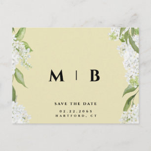 Wit Bloemen Geel Monogram Bruiloft Opslaan Datum Briefkaart