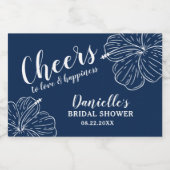 Wit Bloemen Hibiscus Mini Marine Blauw Sparkling Wijnetiket (Enkel label)