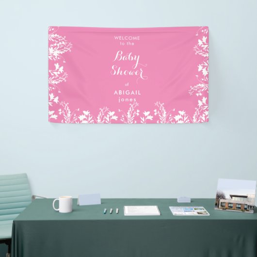 Wit Bloemen Roze Baby shower Welkom Spandoek (Beurs)