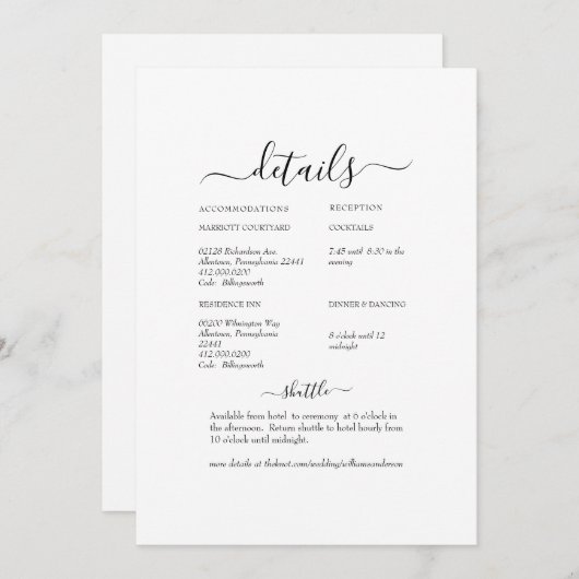 Wit Bloemen Swash Wit Bruiloft Detail Kaart (Voorkant / Achterkant)