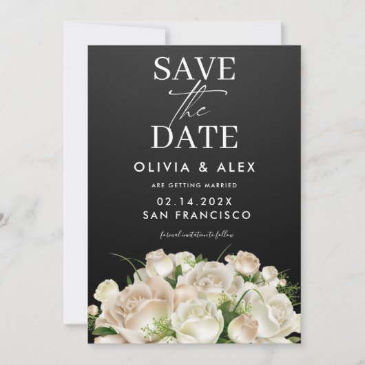 Wit Bloemen Zwart Bruiloft Save The Date Kaart (Voorkant)