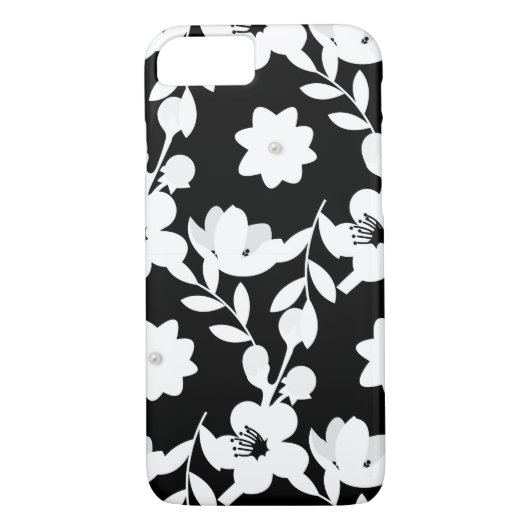 Wit bloemenontwerp met parel op zwart Case-Mate iPhone case (Achterkant)