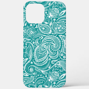 Wit bloemenpaisley patroon op turquoise iPhone 12 pro max hoesje